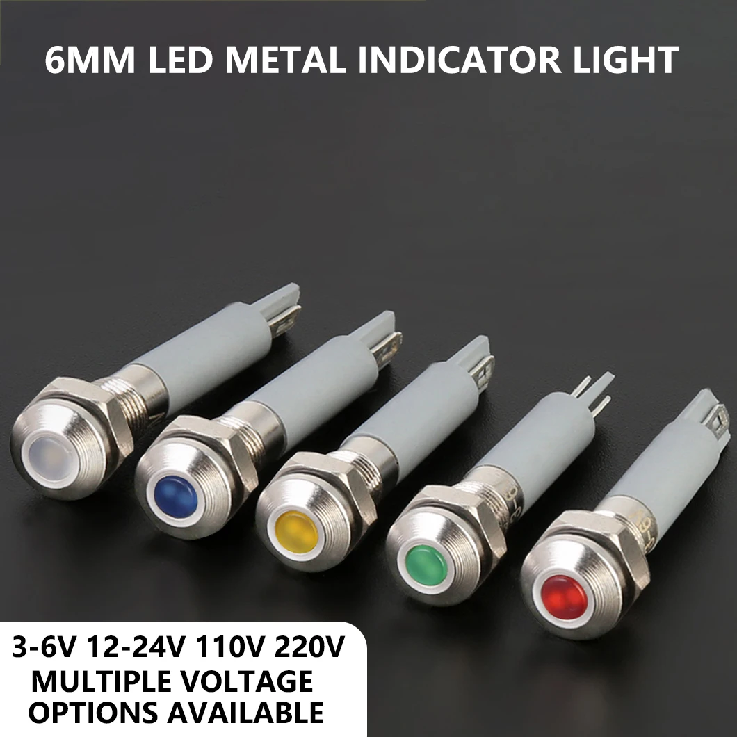 20PCS/LOT 6MM Mini Metal Indicator Light AD/DC 3-6V 12-24V 110V 220V Industrial LED Pilot Lamp with 2Pin Terminal