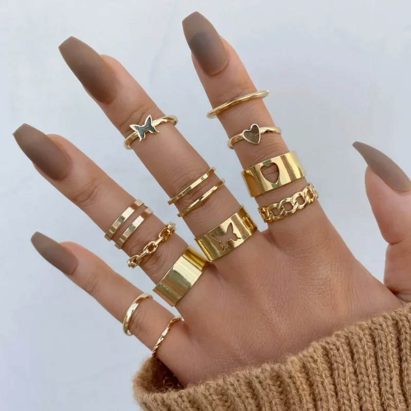 Conjunto de anillos de corazón de Color dorado bohemio para mujer, anillos de dedo de mariposa con perlas cruzadas geométricas Vintage, regalo de joyería de moda para mujer