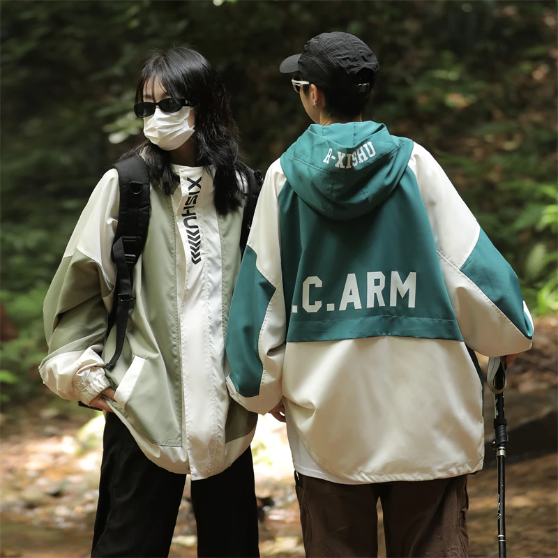 

Retro Japanese Sle y Men's Spring Autumn Outdoor Jaet Color Blo Splicing Couple's Jaet Trendy Loose Fit