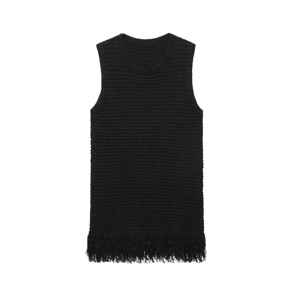 LIBIELIY LIBIELIY Women's Simple Round Neck Sleeveless Tassel Dress, Summer New Product Solid Color Slim Knit Dress