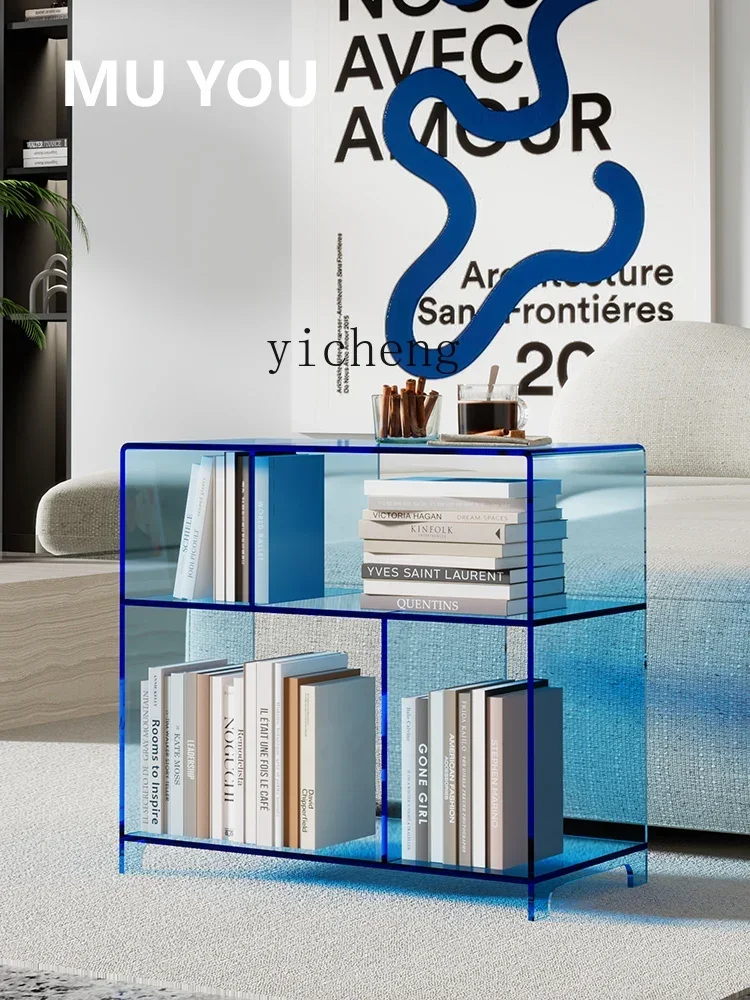 acrylic multi-layer shelves, small apartment sofa side few bookshelves, living room very narrow side cabinet