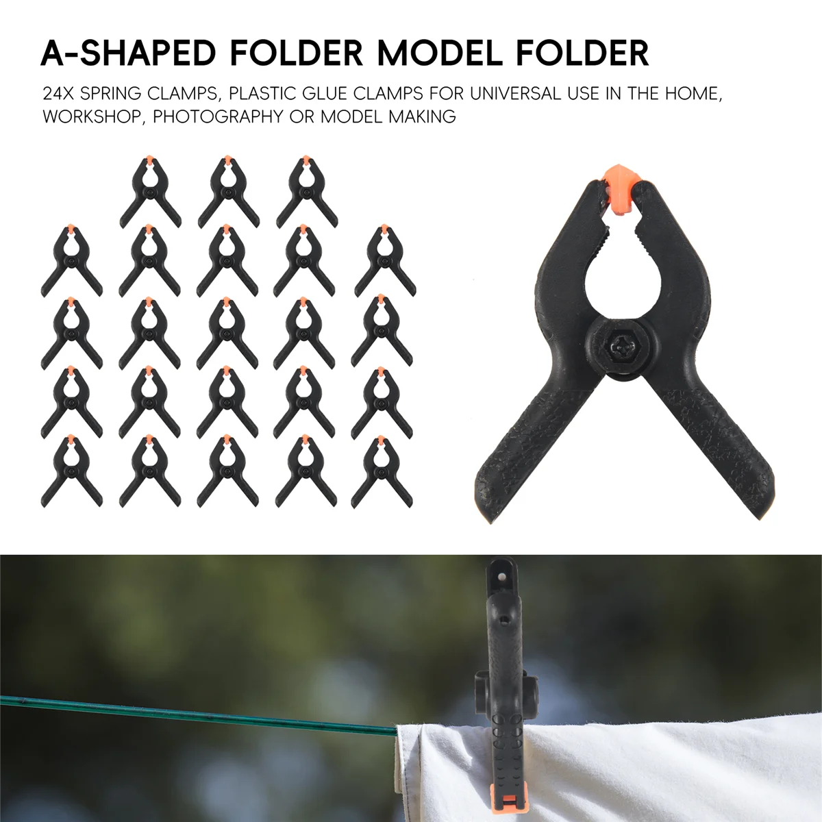 24X Spring Clamps, Plastic Glue Clamps for Universal Use in the Home, Workshop, Photography or Model Making