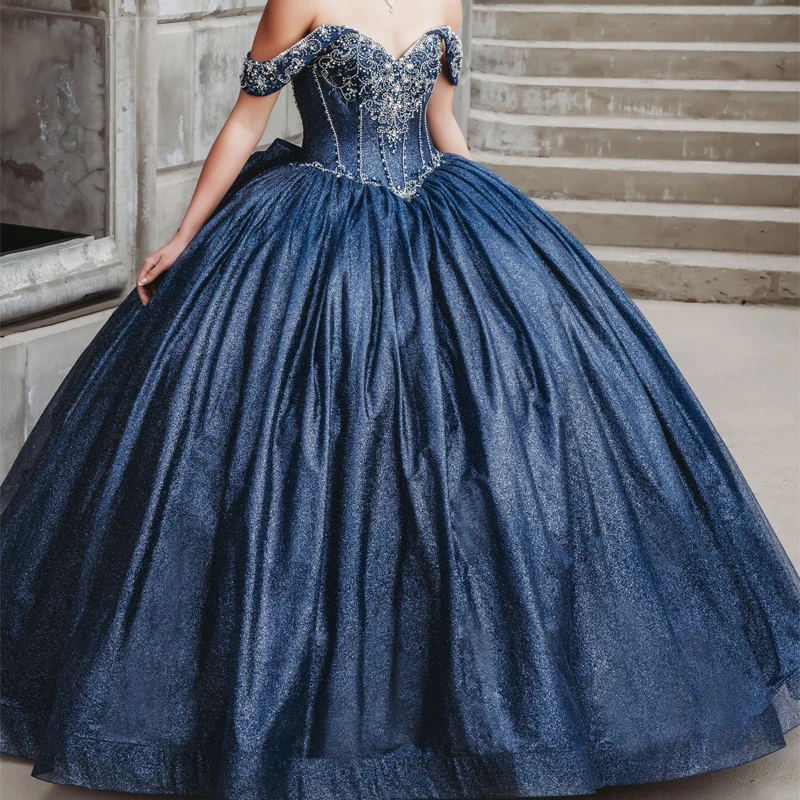 

Navy Blue Shiny Quinceanera Dresses Off The Shoulder Princess Beads Crystal Bow Tull Sweet Birthday Party Gown Vestido De 15Anos