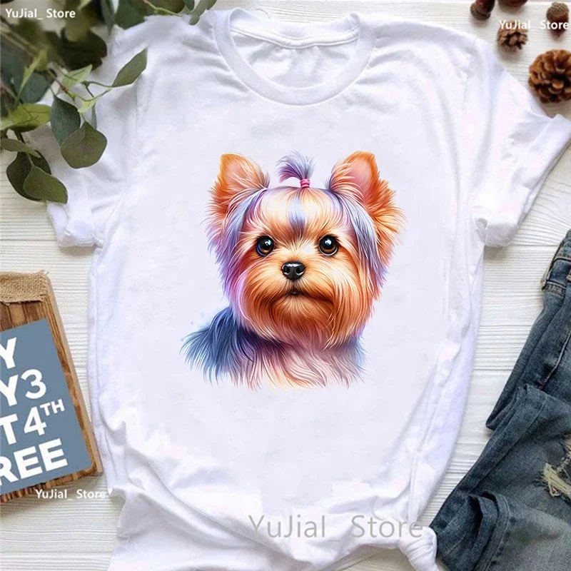 Yorkshire Terrier Animal Printed Tshirt Girls Flowers Funny T Shirt Women Harajuku Kawaii Clothes Summer Fashion T-Shirt Female