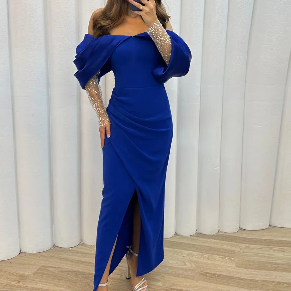 

Customized Straight Prom Dresses Ankle-Length Off The Shoulder Full Sleeve Evening Gown Fashion Crystal Backless Party Gown