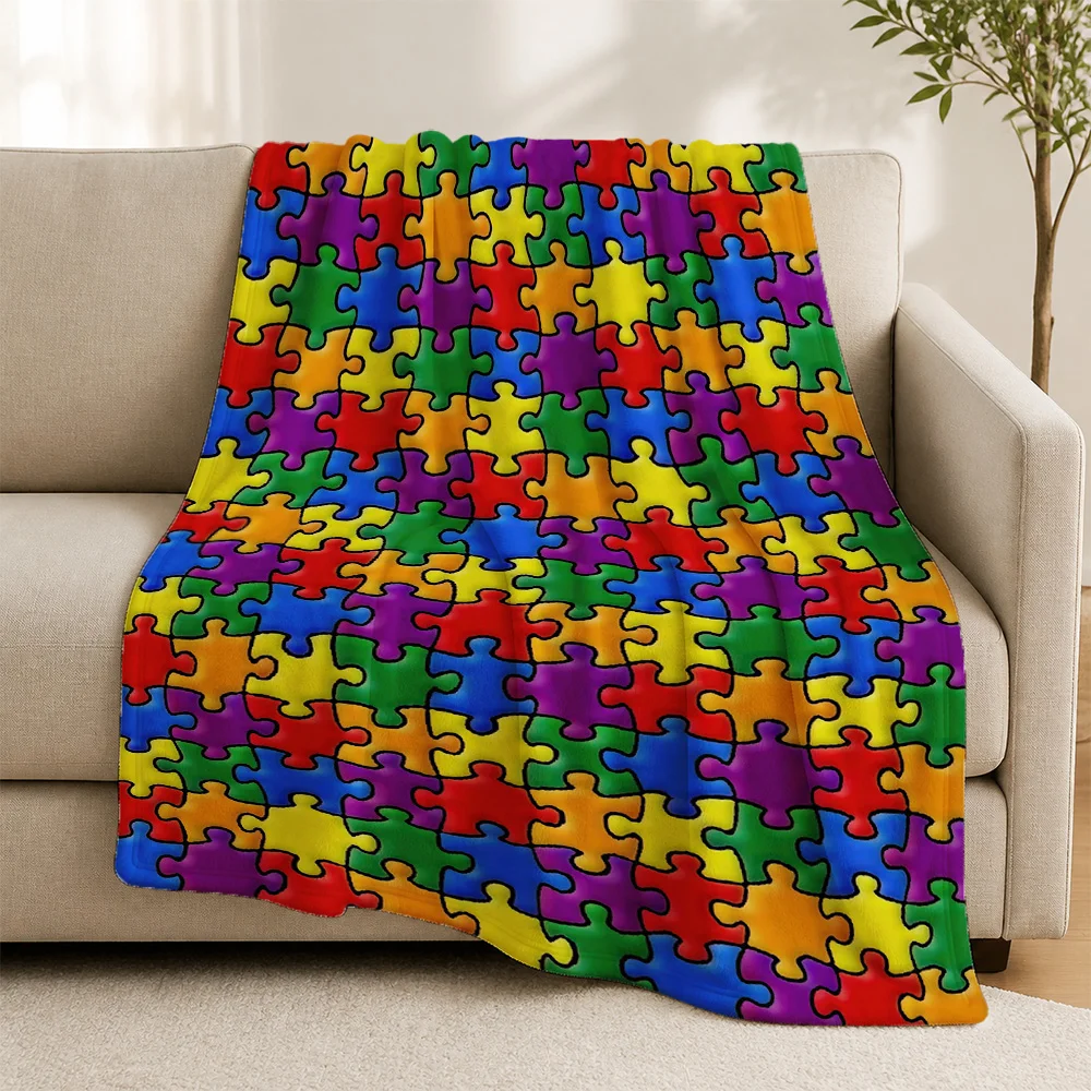 Vibrant Rainbow Puzzle Piece Throw Blanket Cozy Sofa Bedding for Couch Decor Gift