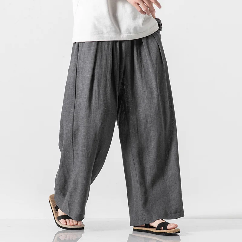 Spring Autumn Ice Silk Casual Trousers Chinese Style Plus Size Linen Straight Wide Pants Men Clothing Tai Chi Kung Fu Pants