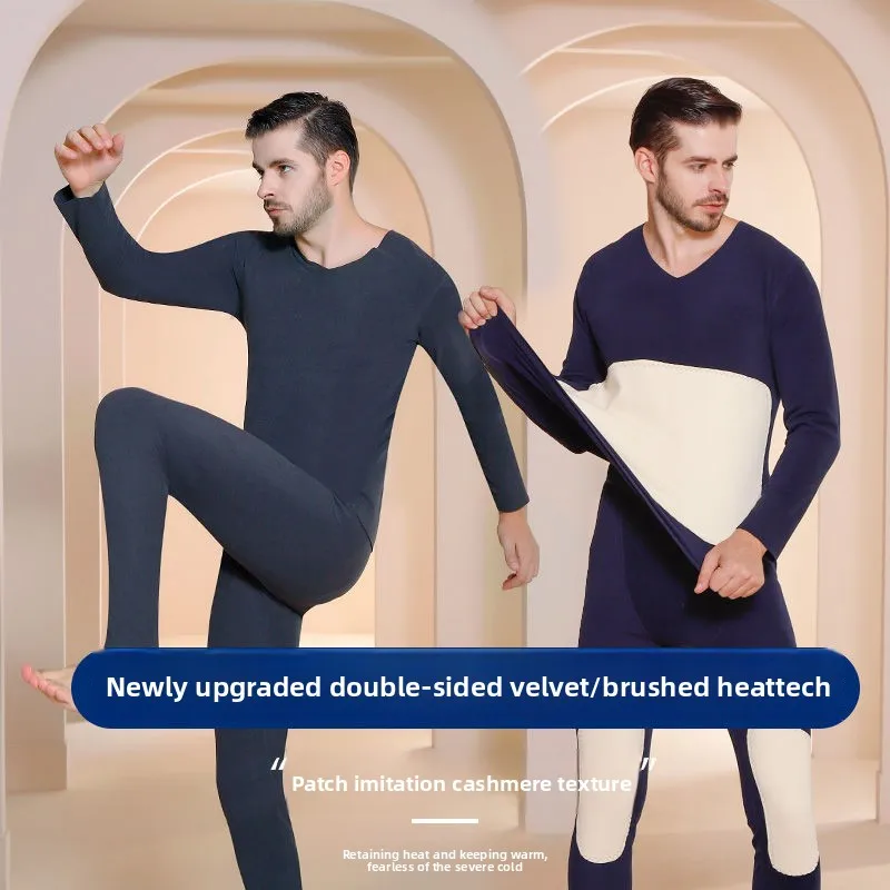 플리스 벨벳 가을 겨울 남성용 보온 내의 세트 롱존 벨벳 및 두꺼운 무릎 패드 자가 발열 따뜻한 잠옷