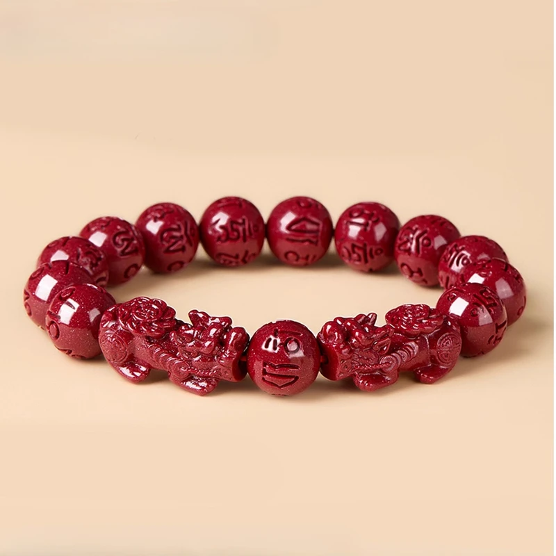 Natural Cinnabar Pixiu Bracelet Unisex Amulet Om Mani Padme Hum Luck Turning Beads Protective Hand Chain Jewelry