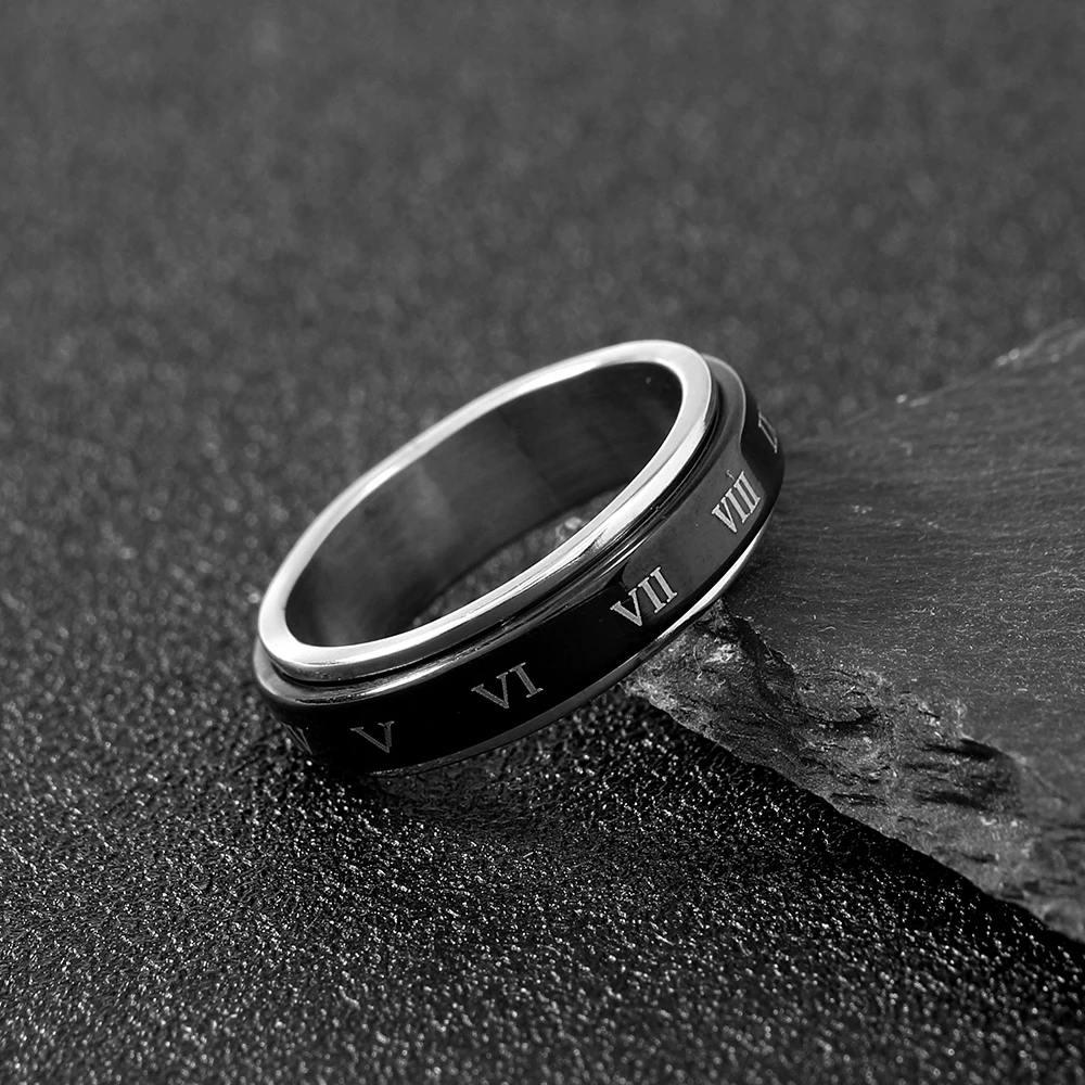 Fashion Jewelry Black Roman Numeral Rotatable Men\'s Titanium Steel Ring