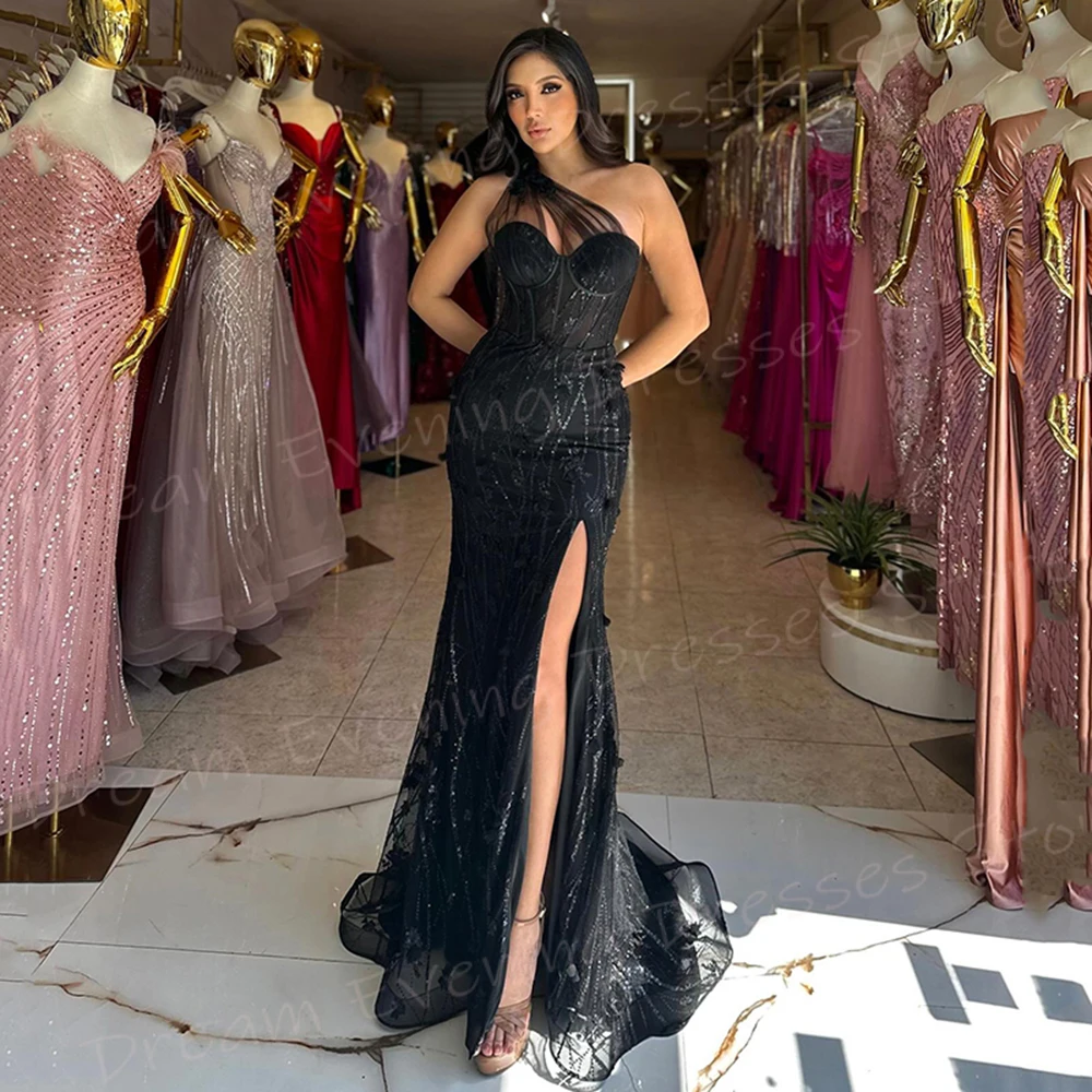 Exquisite Classic Black Women's Mermaid Sexy Evening Dresses One Shoulder Appliques Prom Gowns Side Split فساتين سهره شارون سعيد