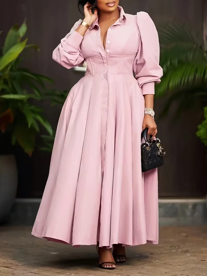 New elegant long-sleeved flared shirt dress for women, fashionable solid color long dress.