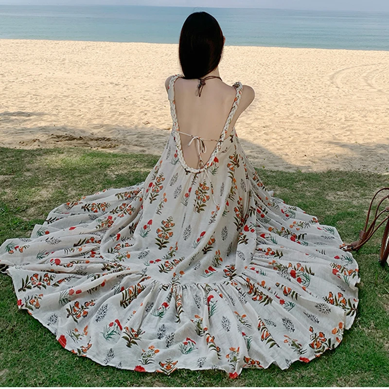 2025 New Summer Ladies Fashion Vacation Beach Dress Female Sexy Backless Floral Print Casual Loose Boho Dress Robe