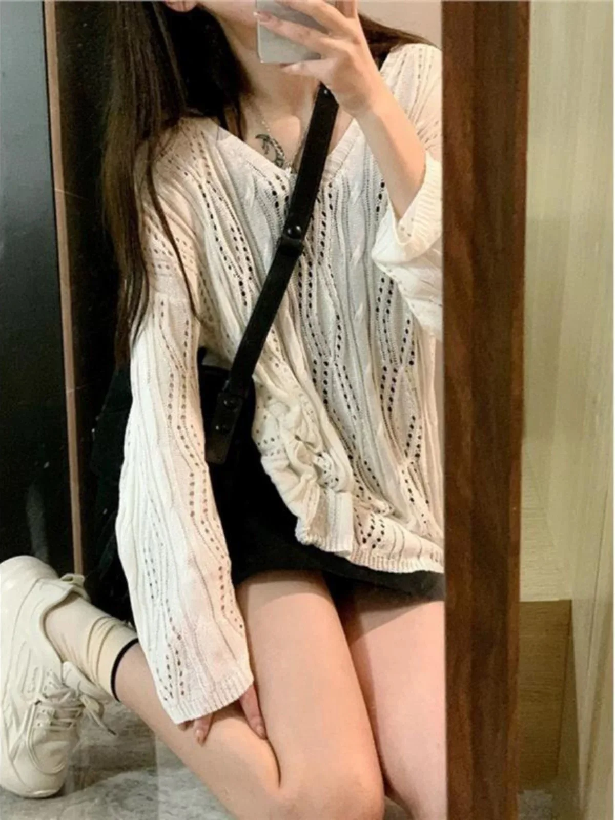 

Women's Hollow out Knitted Top Spring Summer Thin Lazy Sle Outer Design Sensation irt Deep V Ne Bal Hole Hole Top