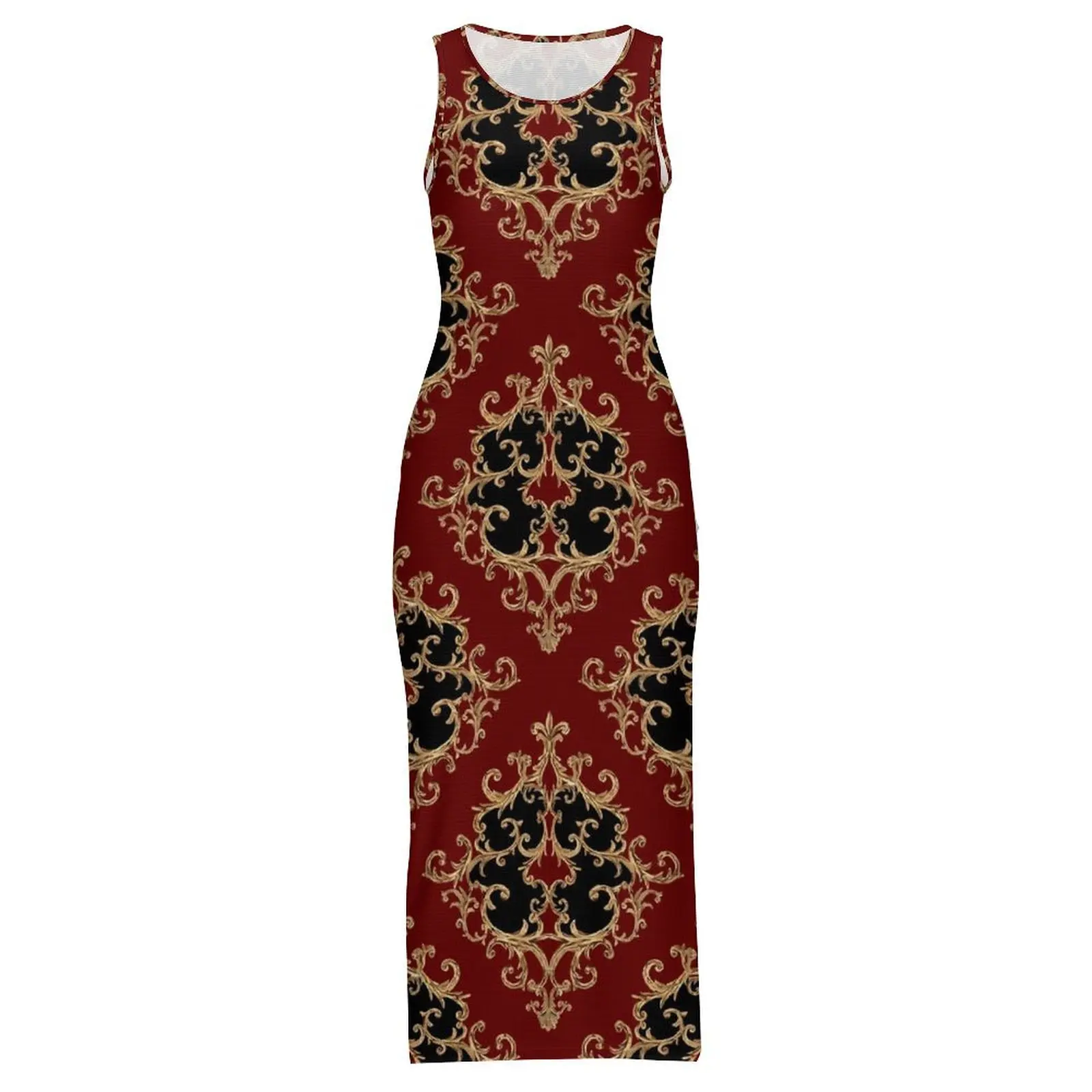Abito con stampa barocca senza maniche oro nero damascato club party maxi abiti estivi moda coreana abito aderente personalizzato di grandi dimensioni