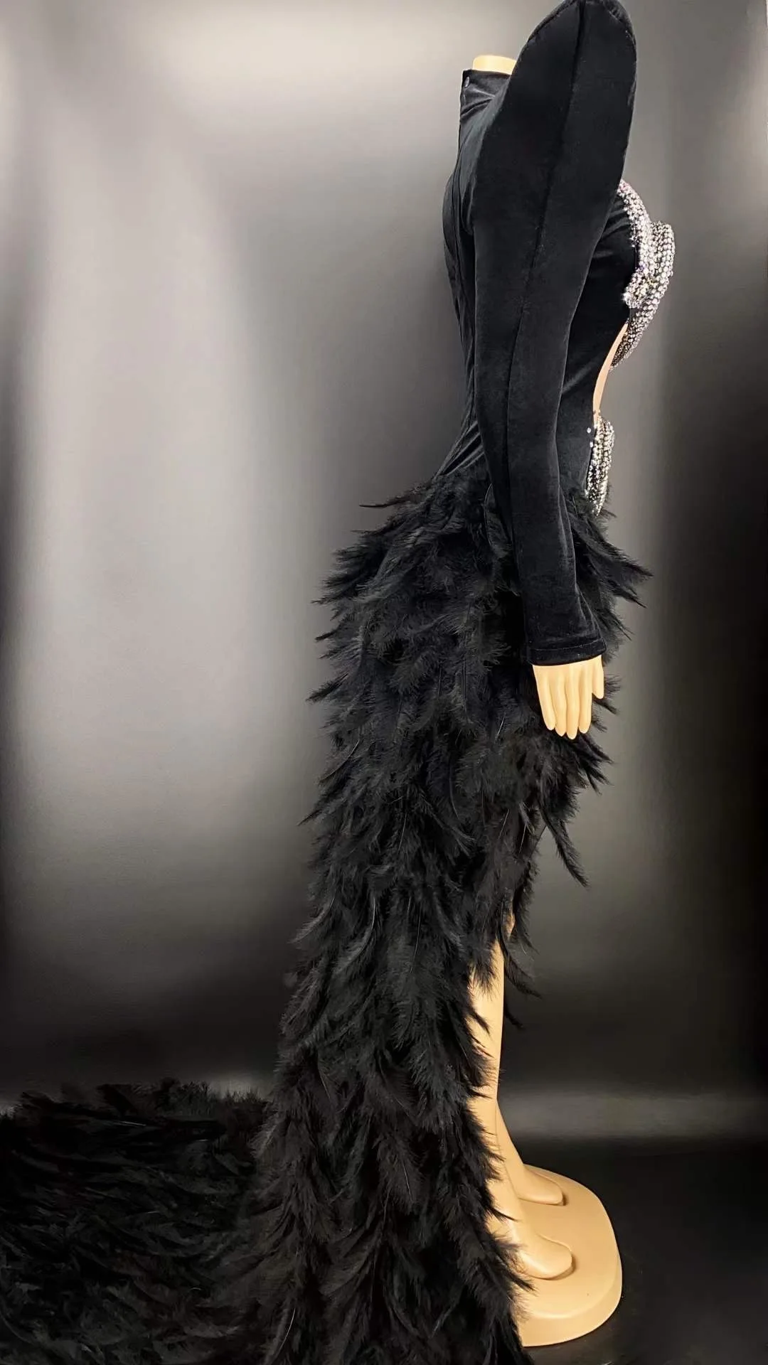 Black And White Shining Snack Rhinestones Swan Velvet Coat Feathers Split Long Dress For Women Evening Party  Drag Queen Outfit