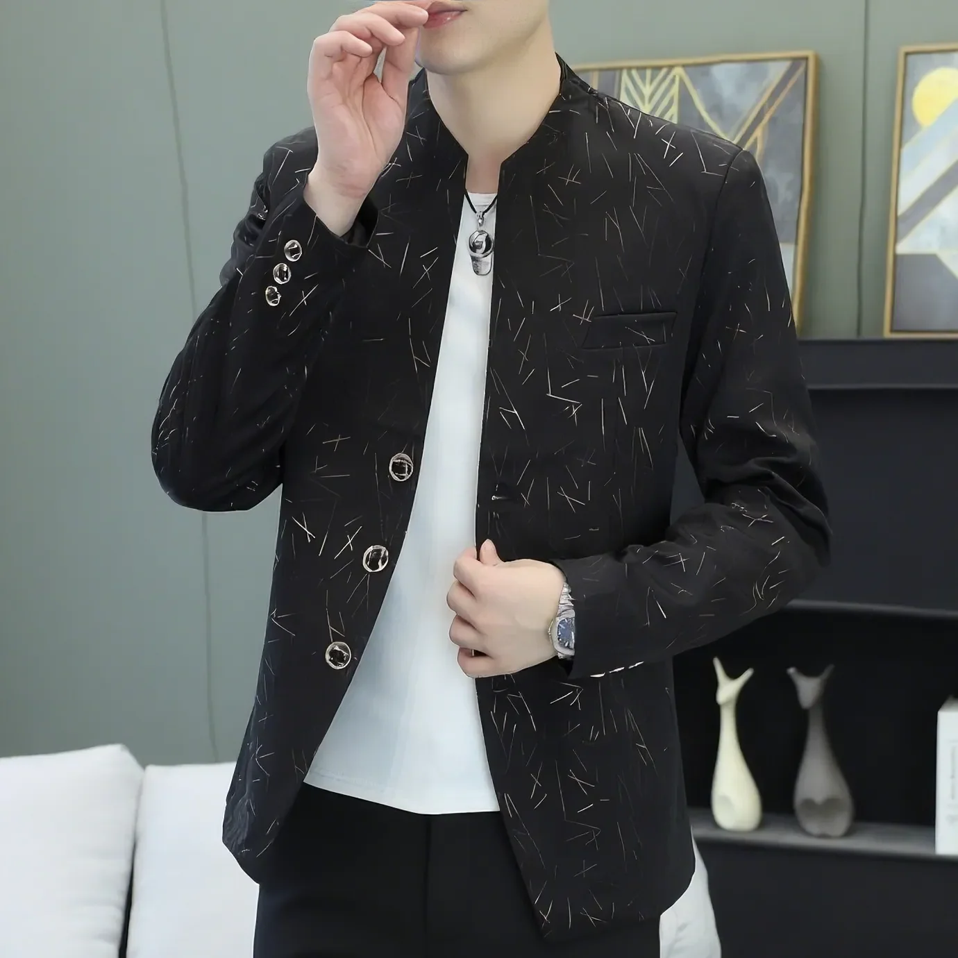 

Sli Slim Fit мужская куртка с воротником-стойкой, повседневная верхняя одежда с принтом, осеннее модное городское молодежное корейское пальто, длинное пальто све