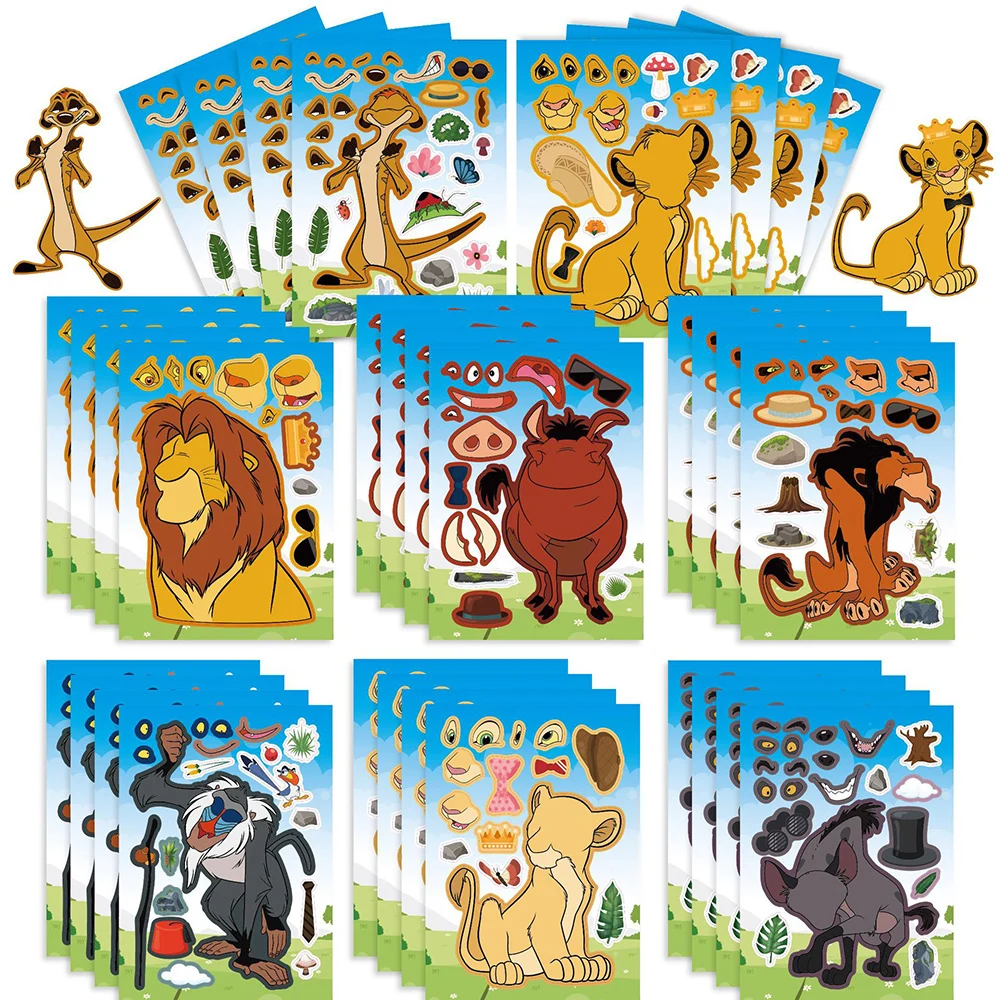 8/16Sheets Disney The Lion King Children Puzzle Stickers Games Make-a-Face DIY Funny Assemble Jigsaw Sticker Kids Education Toy