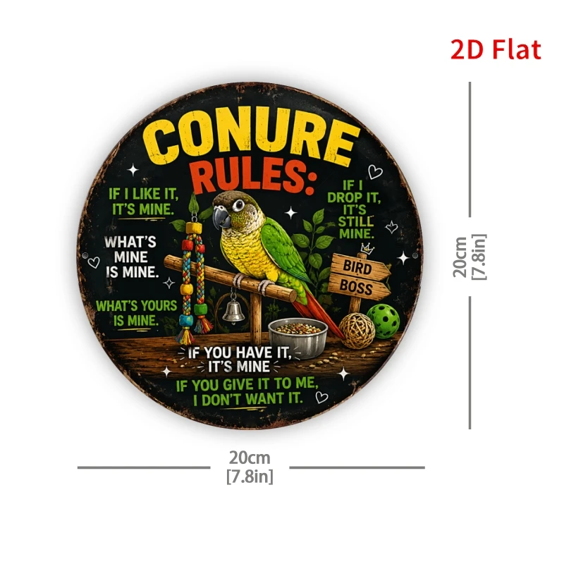 2D Flat, [2Dflat], 1pc 7.87x7.87inch- Conure Rules Funny Parrot Sign, Retro Bird Lover Decorative Signs for Pet Room, Sarcastic