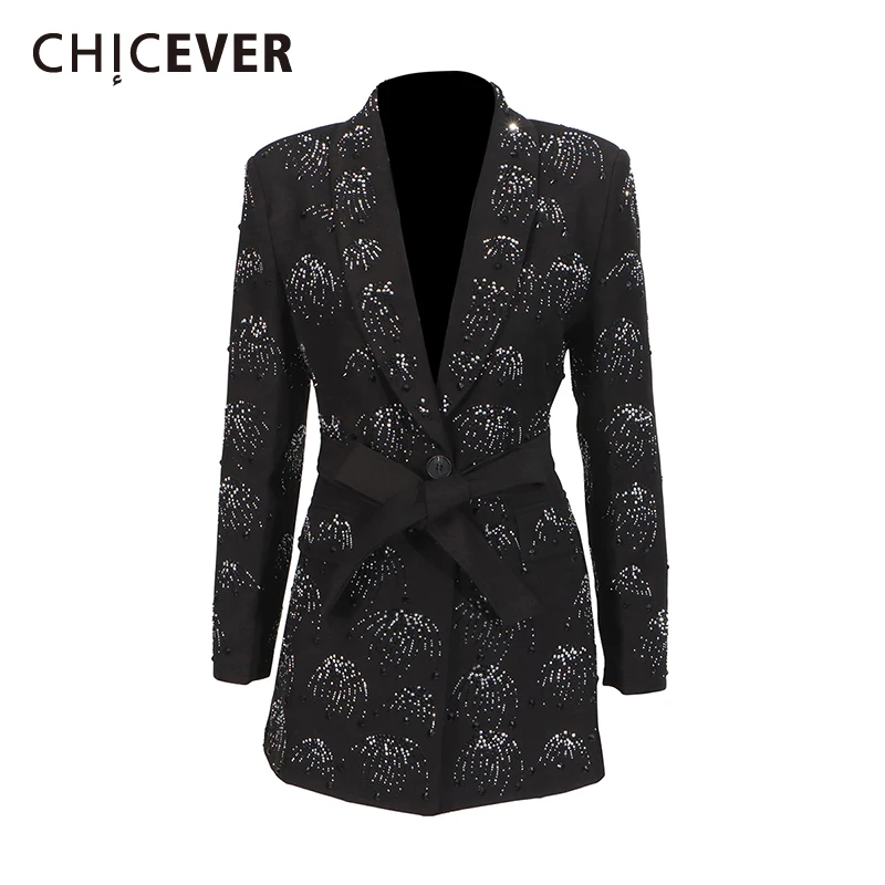 

CHICEVER однотонный лоскутный блейзер с блестками для женщин с зубчатым воротником и длинными рукавами, утягивающие темпераментные пальто на шнуровке, женские пальто