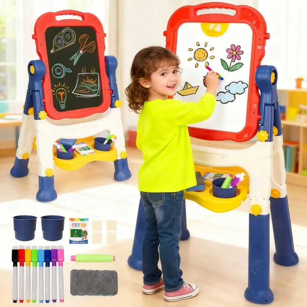 Standing Kids Drawing Board Art Easel, Double‑Sided Rotatable Painting Board with Adjustable Height, Multifunctional Creative Art Toy, Perfect Birthday Holiday Gift for Boys Girls Children for Indoor Drawing Writing Play
