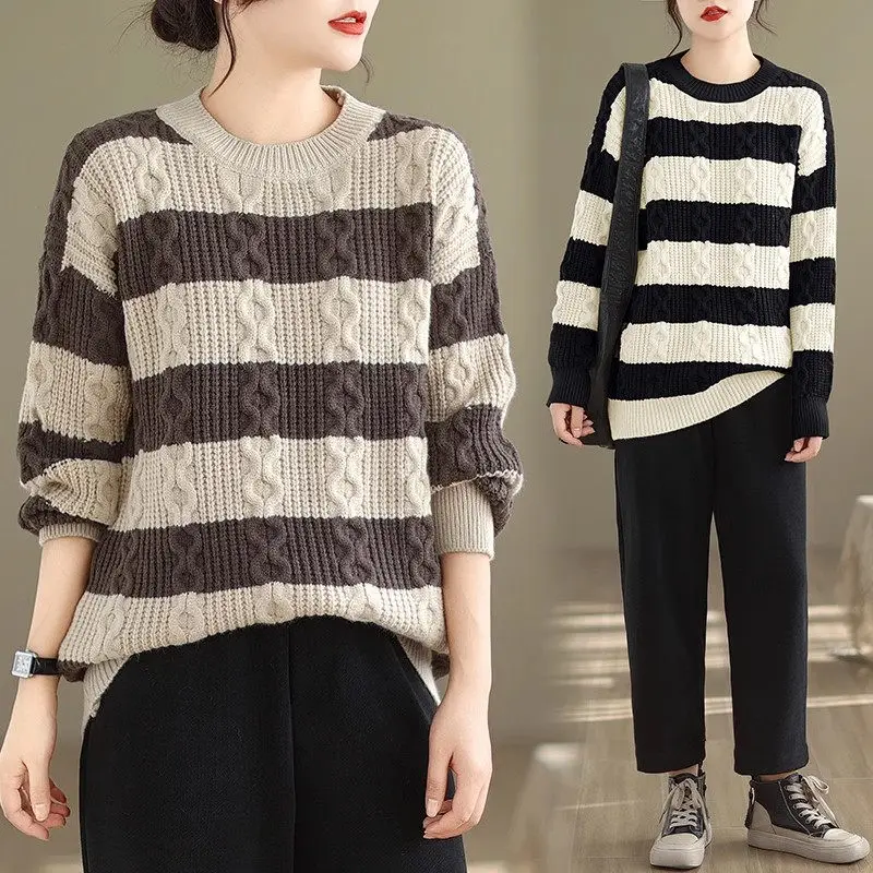 

Striped Knit Sweater For Women Autumn And Winter Thickened Oversized Medium Length Top Pullover Shirt Casual Knitwear Z4316