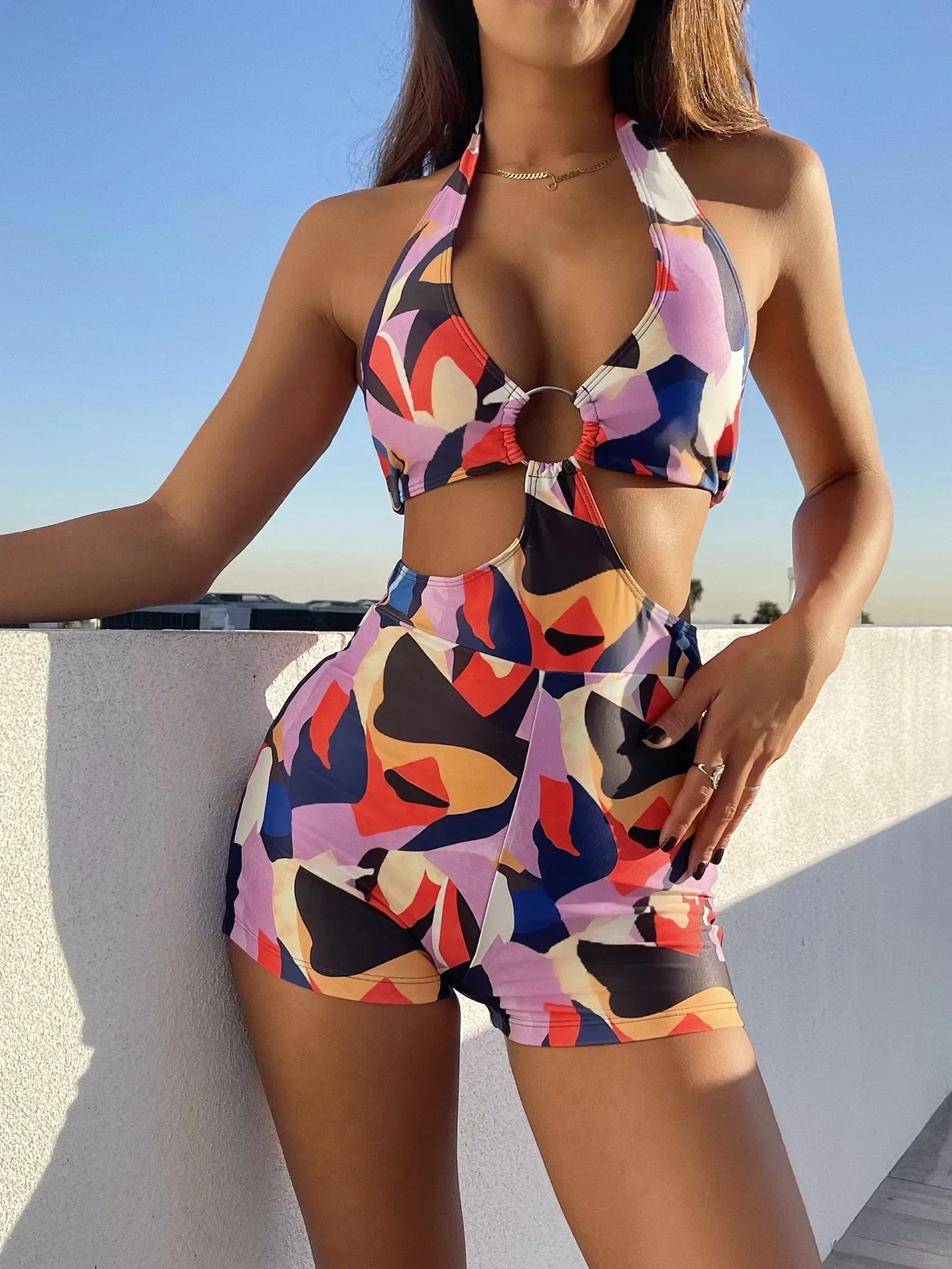 2024 Sexy One Piece Swimsuit Swimwear Women Black Colorful Print Halter High Waist Bathing Suit Beachwear Maillot De Bain Femme