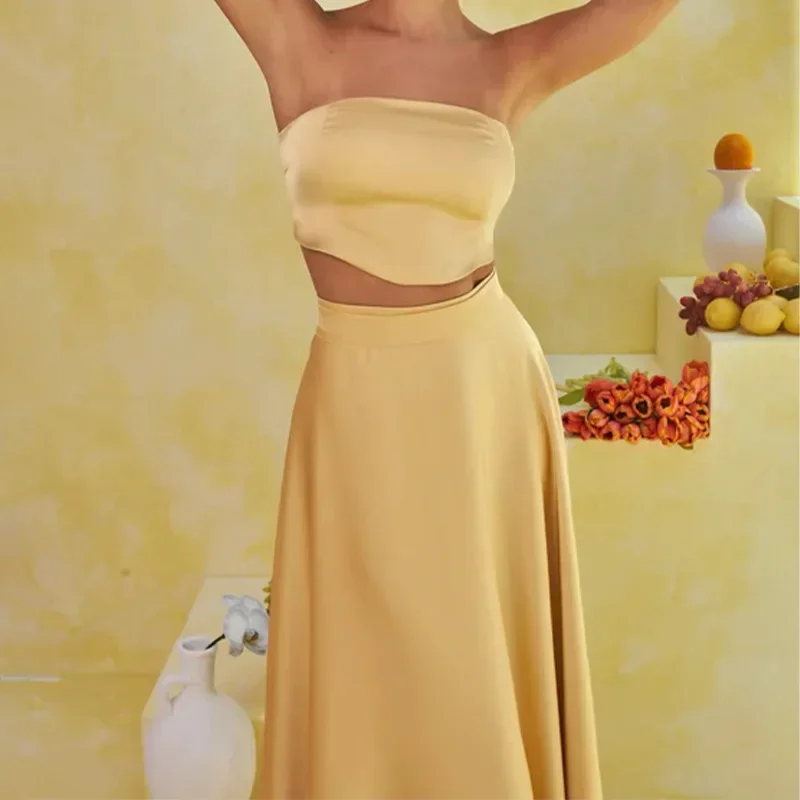 Women Party Two Piece Sets Skirt Outfits Short Top Sleeveless Backless Solid Color Strapless Sexy Ensemble Long Skirts Suit