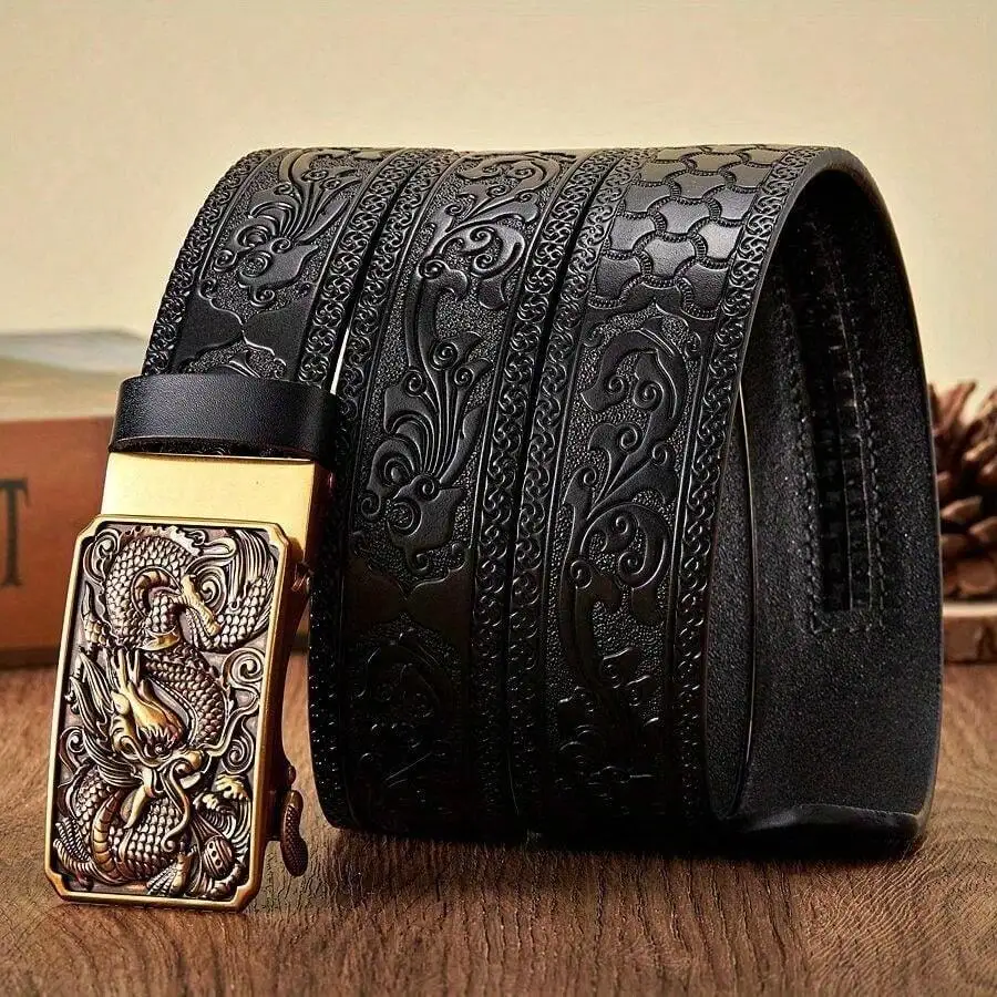 Echte Leder-Herrengürtel, modische und trendige Ledergürtel mit automatischer Schnalle aus Metalllegierung, lässiger Gürtel, geschnitzter Hosenriemen, Jeansgürtel, vielseitiger Gürtel für Herren. – Detail 6