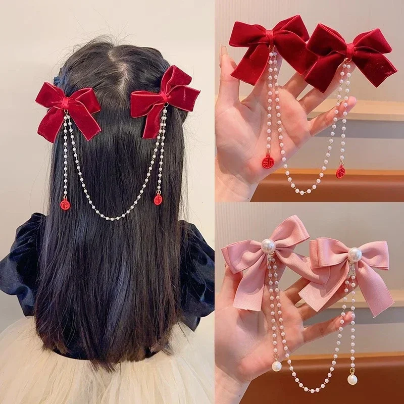 Pinza para el pelo con borla de lazo de perla elegante, garra de pelo de terciopelo sólido, mejores horquillas de princesa para niños, nuevos