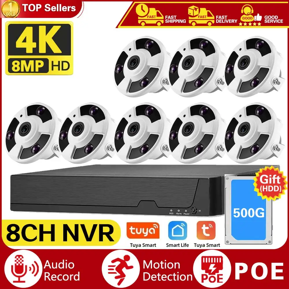 

8CH POE NVR Smart Life Home Fisheye 8MP POE Outdoor Video POE Camera,4K Human Detect,8MP Security CCTV Camera TUYA NVR System