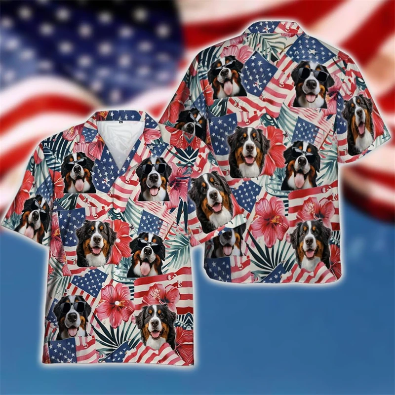 

Fashion USA Flag Pet Dog Graphic Shirts For Men Clothes Lover Yorkshire Terrier Lapel Blouse Hawaii Vacation Patriotic Corgi Top