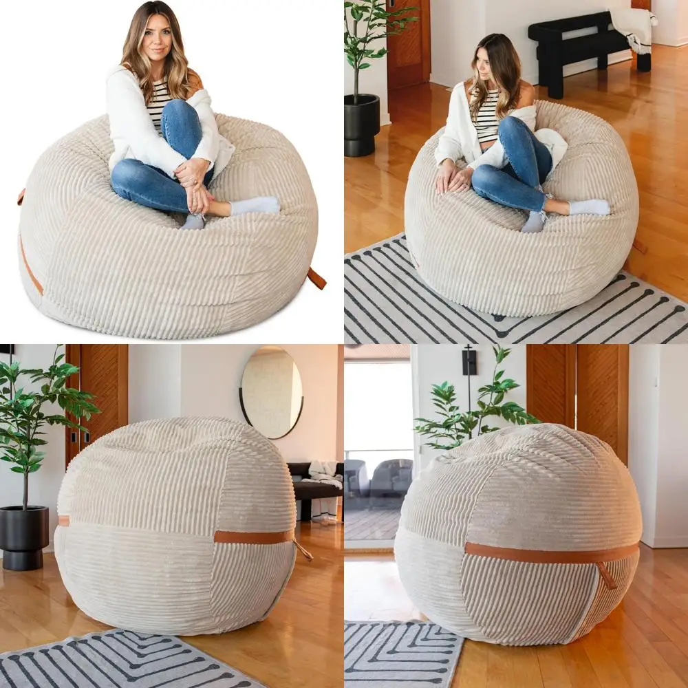 Large Foam Filled Bean Bag Chair - Removable Cover, Vanilla Latte, Corded Plush, 4 Feet Big, Comfortable Seating