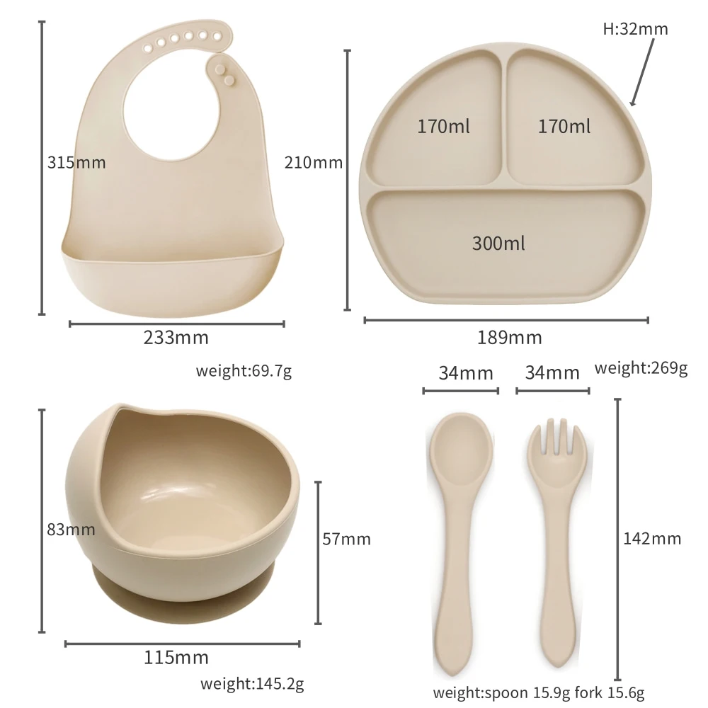 مجموعة أدوات أطفال أرنب مكونة من 5 قطع، طقم فطام من السيليكون بدرجة الطعام مع مريلة، طبق شفط، وعاء، ملعقة وشوكة هدية