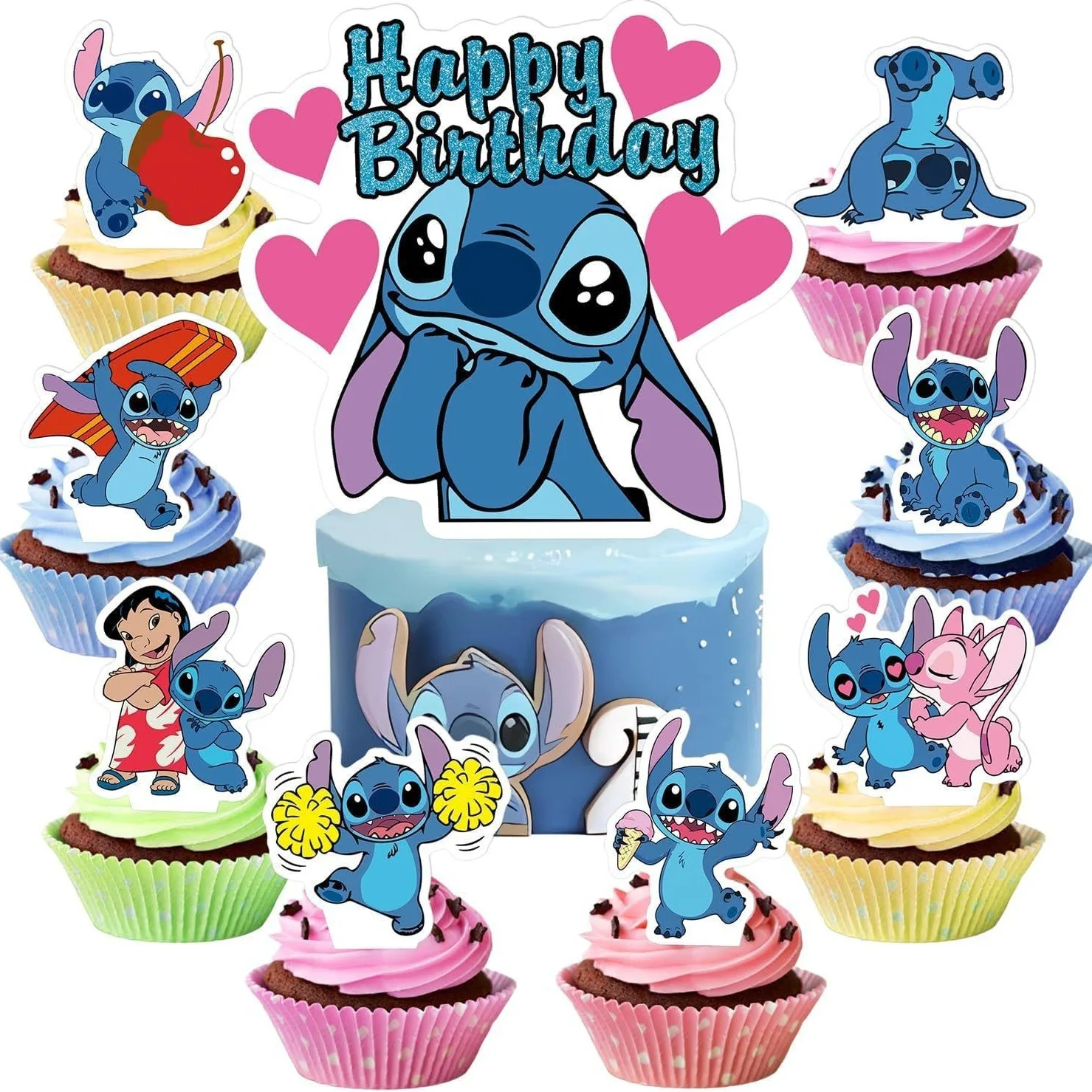 Set de Adornos para Pastel de Stitch, Decoración de Pastel de Cumpleaños de Stitch con Adornos para Cupcakes, Artículos para Fiestas Temáticas de Stitch para Cumpleaños