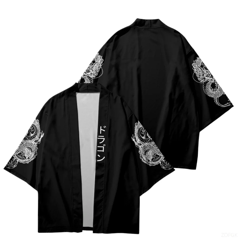 Summer Couple Women Men Japanese Streetwear Red Chinese Dragon Printed Black Kimono Beach Shorts Traditional Cardigan Yukata image 5
