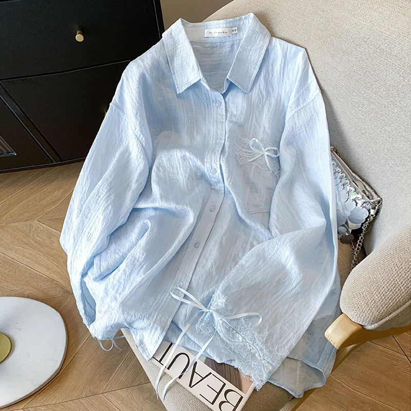 

Женские светло-голубые рубашки с кружевным бантом Блузки Y2k 90-х годов Винтаж Корейская рубашка оверсайз с длинным рукавом 2000-х годов Уличная стильная одежда Новинка