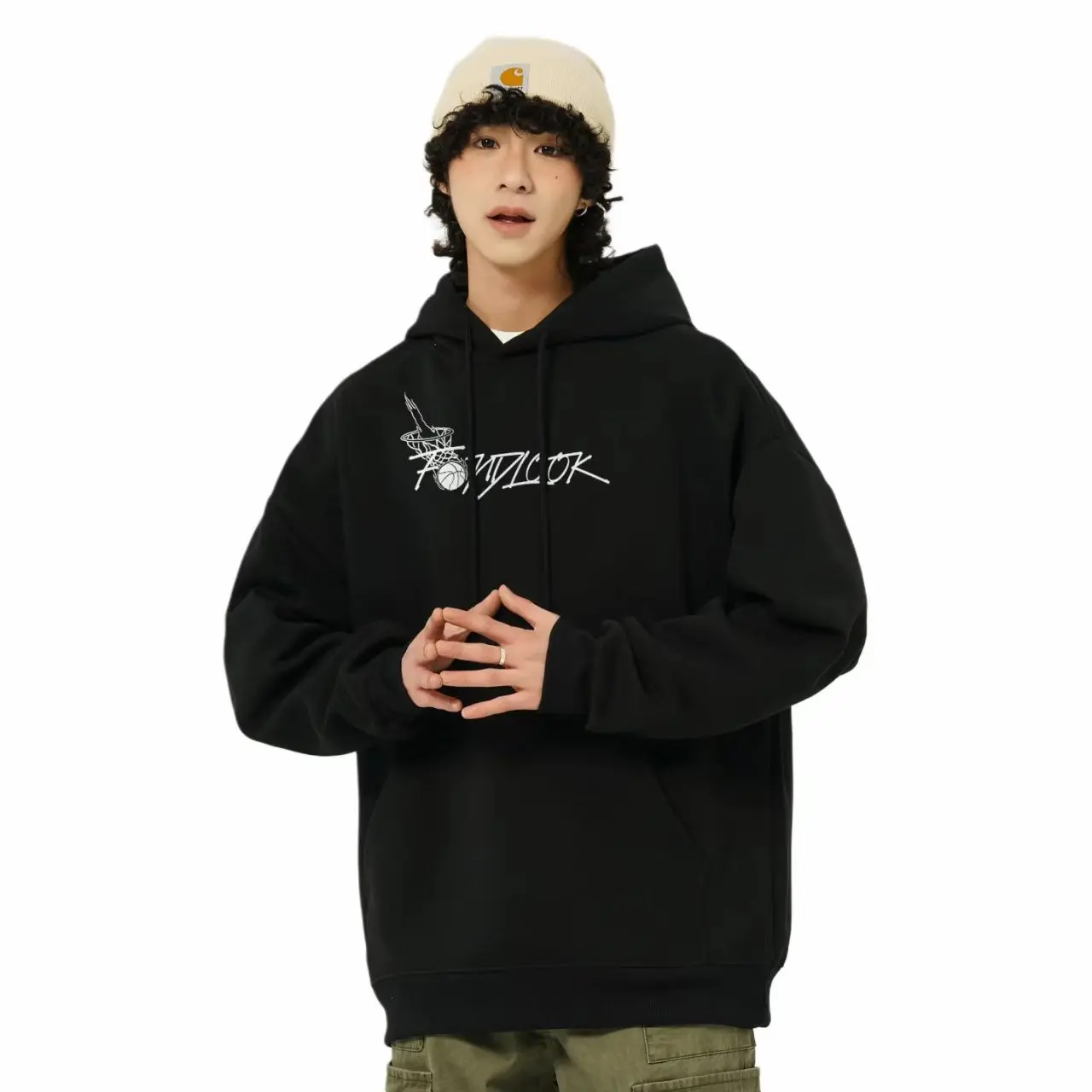 Fall/Winter Fashion Men's Loose Hoodie with Adjustable Hood, Trendy Black Cyber Monday Holiday Stylish Latest Sweatshirt