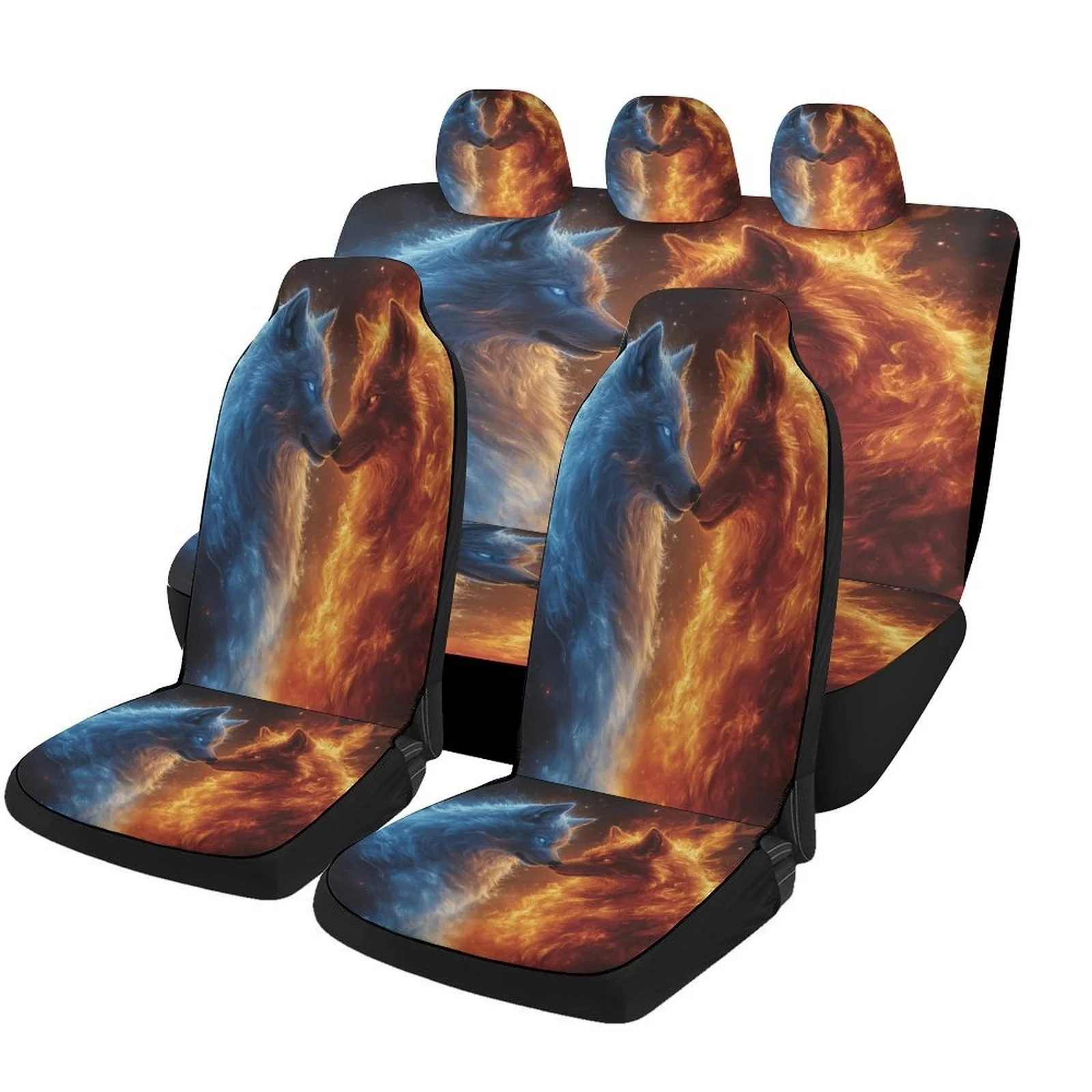 Fire And Ice Wolves Themed Car Seat Covers Set For Most Cars, Decorative Fashionable High-quality Car Seat Protector Covers Full