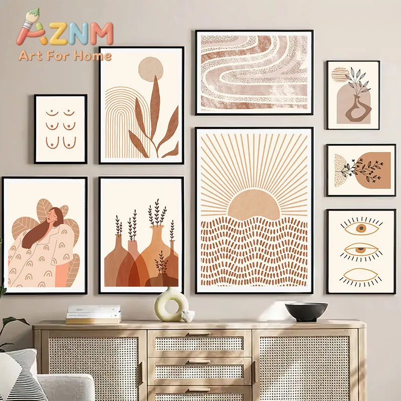 Boho Lines Sun Girl Vase Leaf Rainbow Geometry Wall Art Canvas Painting Nordic Posters And Prints Pictures For Living Room De