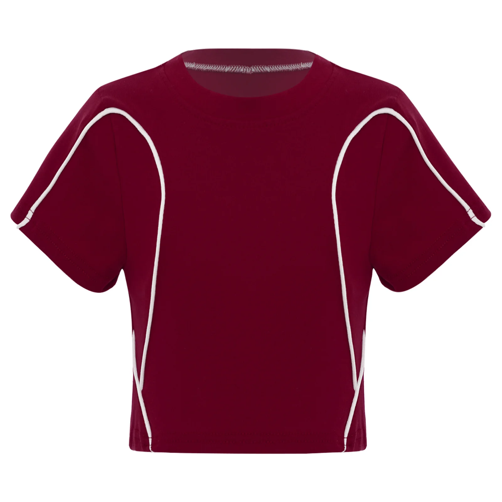 Kids Girls Contrast Color Trim Crop Top Hip-Hop Jazz Dance Cycling Sports Shirt Round Neck Short Sleeve T-shirt