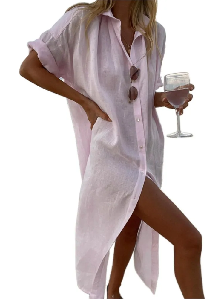 Primavera verão cor sólida algodão linho lapela camisa vestidos femininos casual manga comprida botões solto vestido longo mulher vestido de praia
