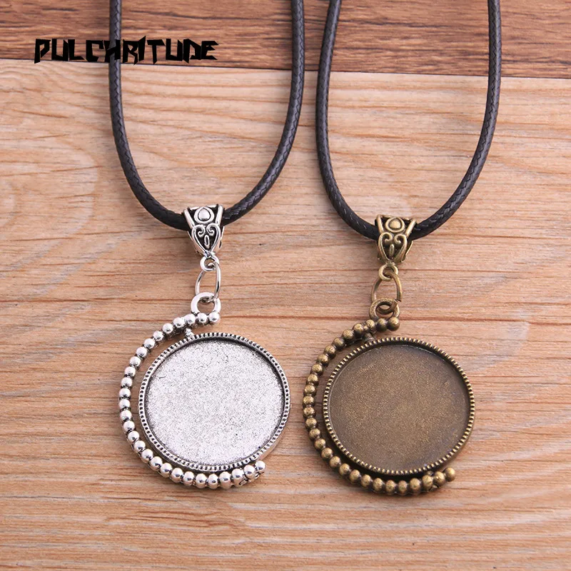 2pcs Zinc Alloy Two Color 25mm Round Style Double Sided Rotate Cabochon Base Setting With Leather Cord For Jewelry Making