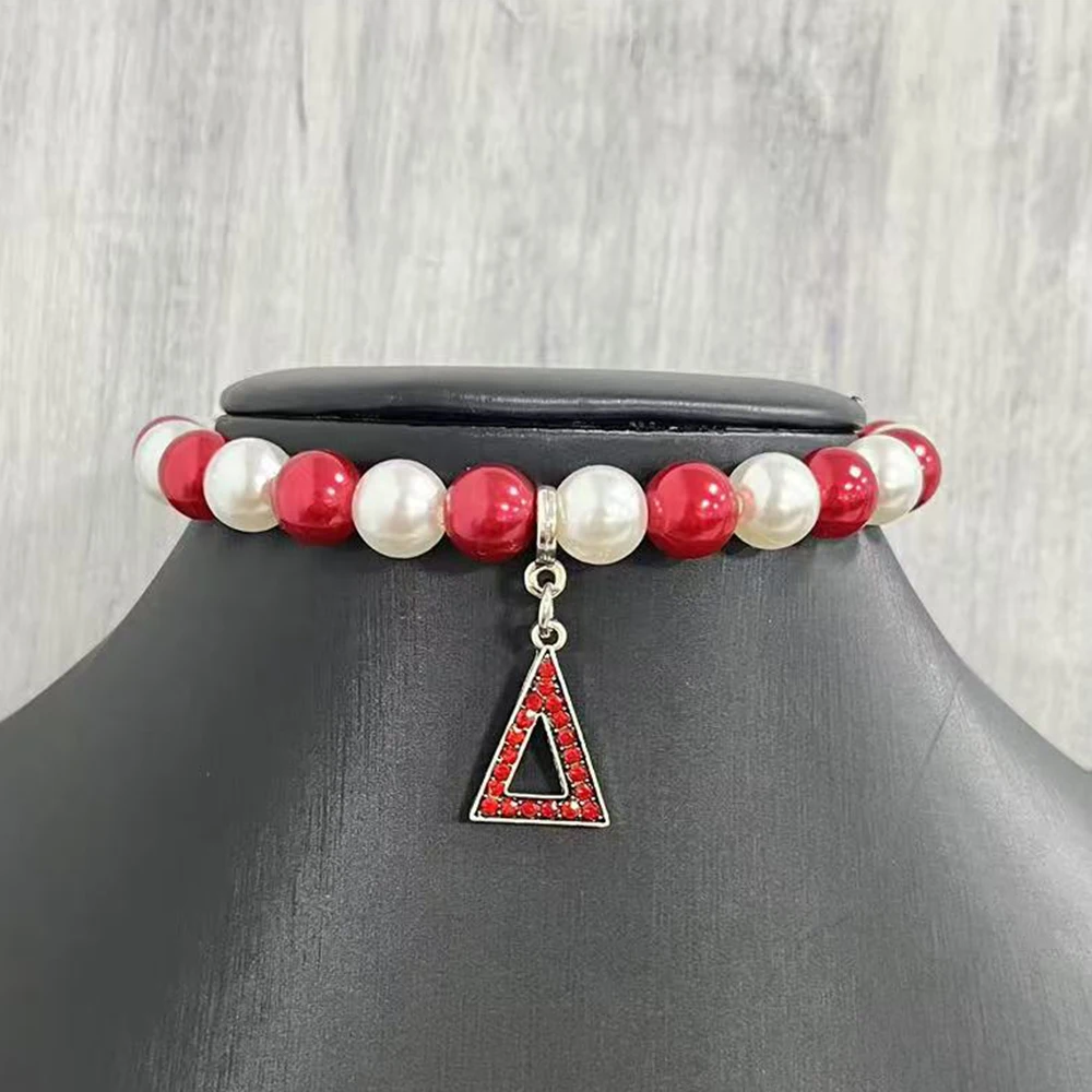 5pcs 10mm Red & White Pearl Red Rhinestone Pyramid Pendant Elastic Bracelet