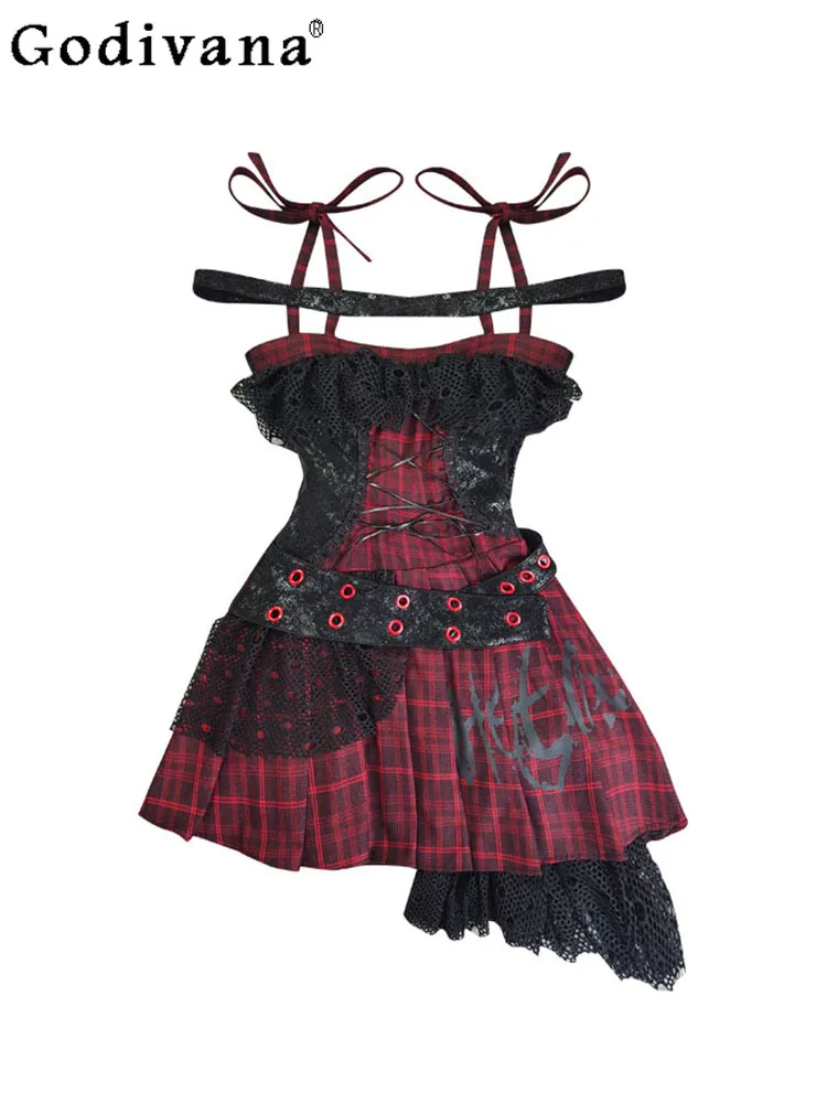 

Spring Autumn New Sweet Cool Elegant Lace Red Black Plaid Suspender Dress Punk Girl High Waist A-line Party Irregular Dresses