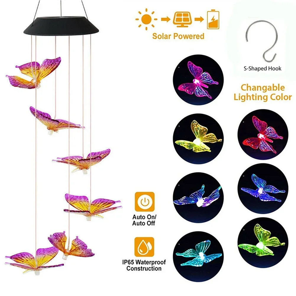 Led تغيير لون الرياح الشمسية الرنين ضوء مقاوم للماء في الهواء الطلق Windchime فراشة ضوء مصباح معلق بالطاقة الشمسية لتزيين الحديقة