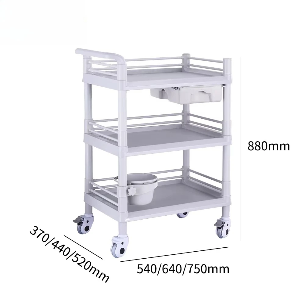 ABS 3 Tier Medical Trolley Cart, Drawer and Bucket, Mobile Utility Cart for Hospital Clinic Beauty Salon