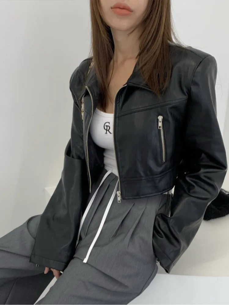 Retro Collar ort PU Leather Jaet Women's Autumn New Sle Small Size Ele High-End Feeling Top Commute Sle Regular Fit