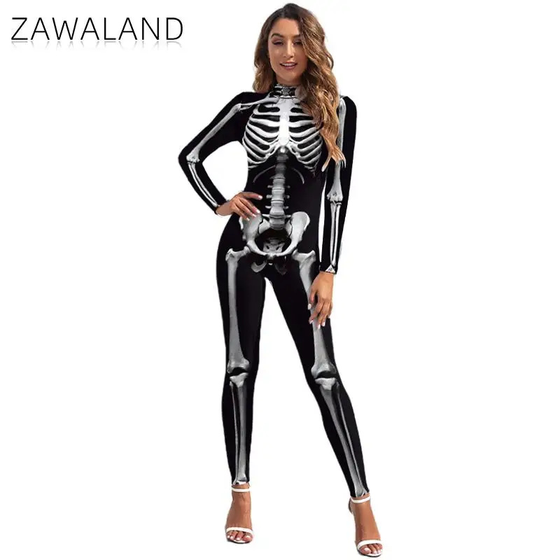 Zawaland Woman Halloween Skeleton Costume Long Sleeve Sexy Bodysuit Holiday Party Show Jumpsuit Carnival Festival Catsuit Outfit