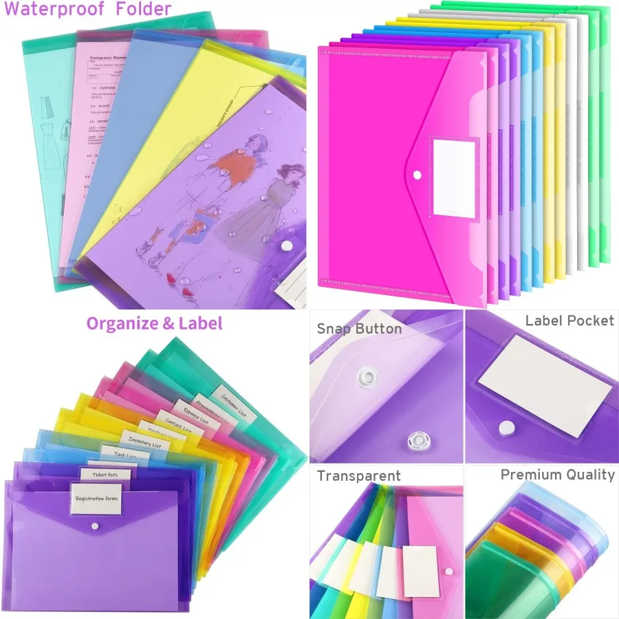 스위즈 12팩 플라스틱 봉투, 스냅 잠금장치 포함, A4 사이즈 문서 및 편지용, 라벨 포켓이 있는 투명 폴리 파일 폴더